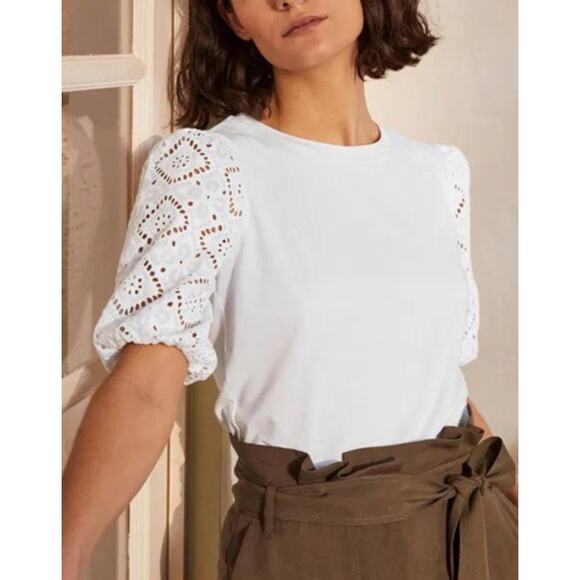 Boden Tops - Boden Abigail Lace Eyelet Puff Sleeve Jersey Top Size 16 White Romantic Cottage